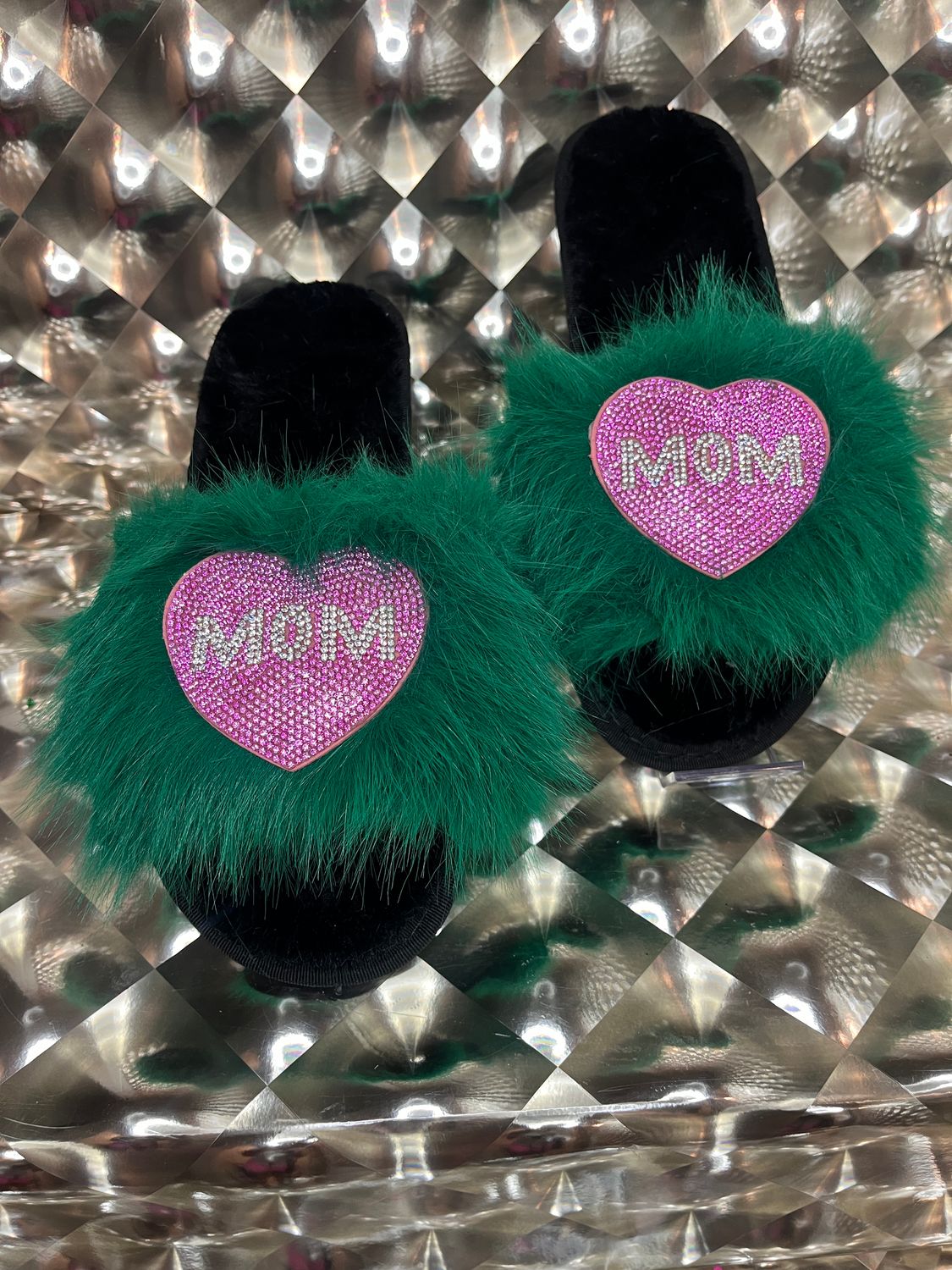 Green Mom Fur Slides