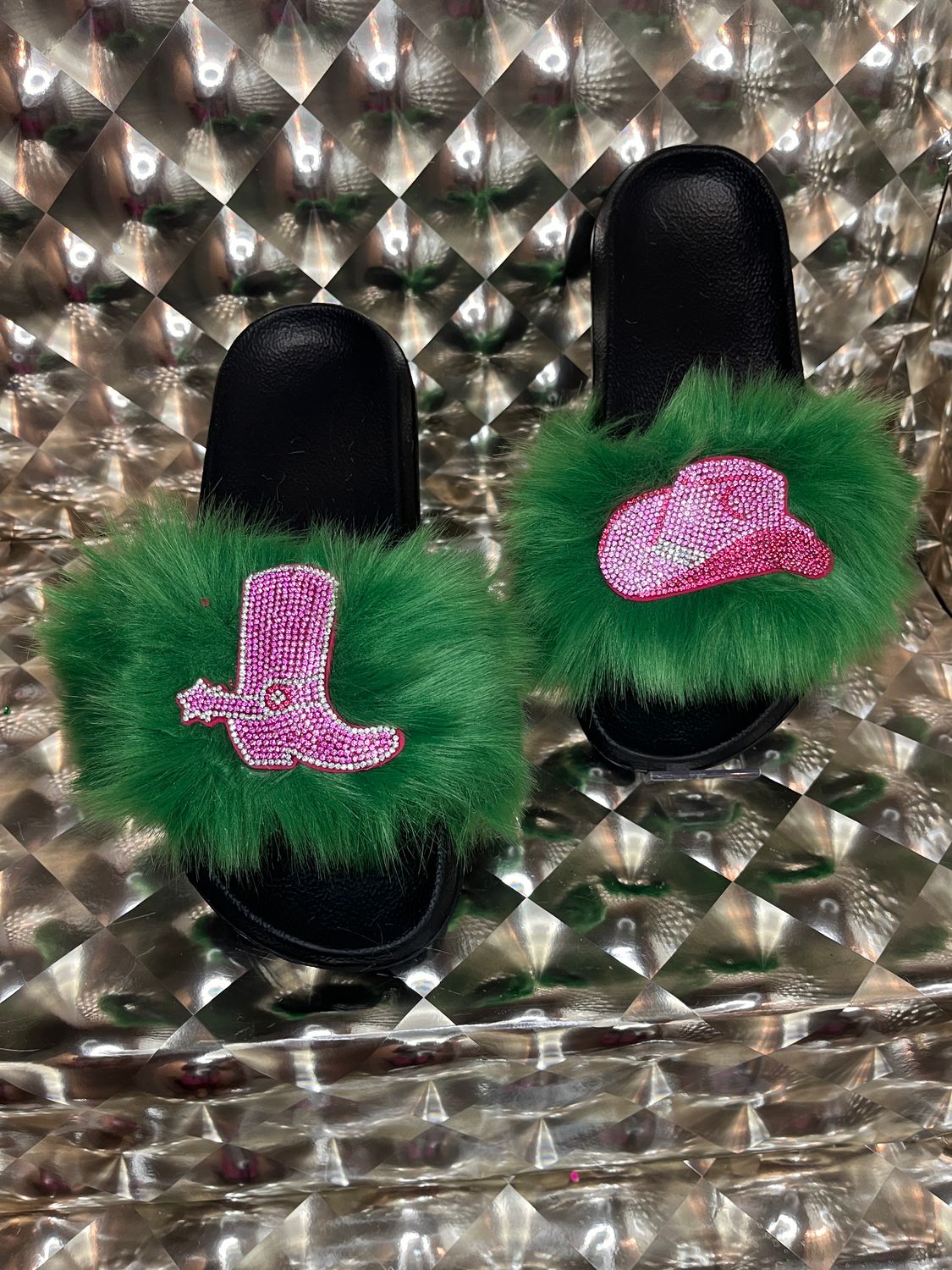 Pink and Green Cowboy Fur Slides