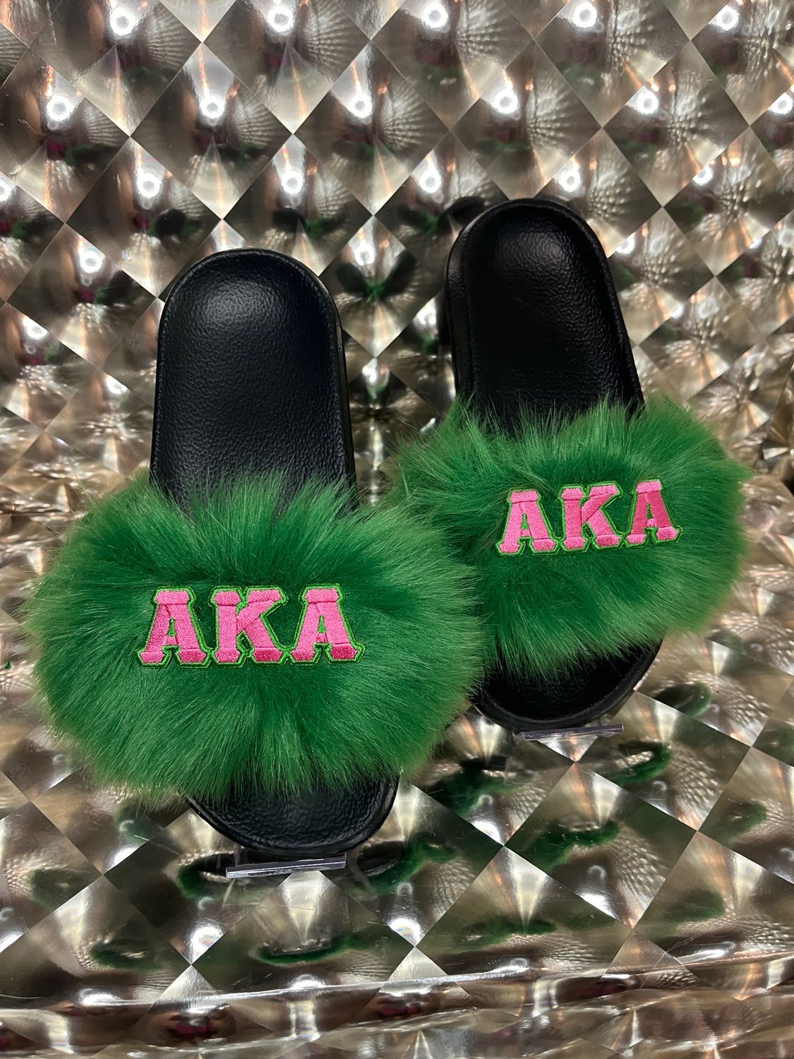 Green Greek Fur Slides