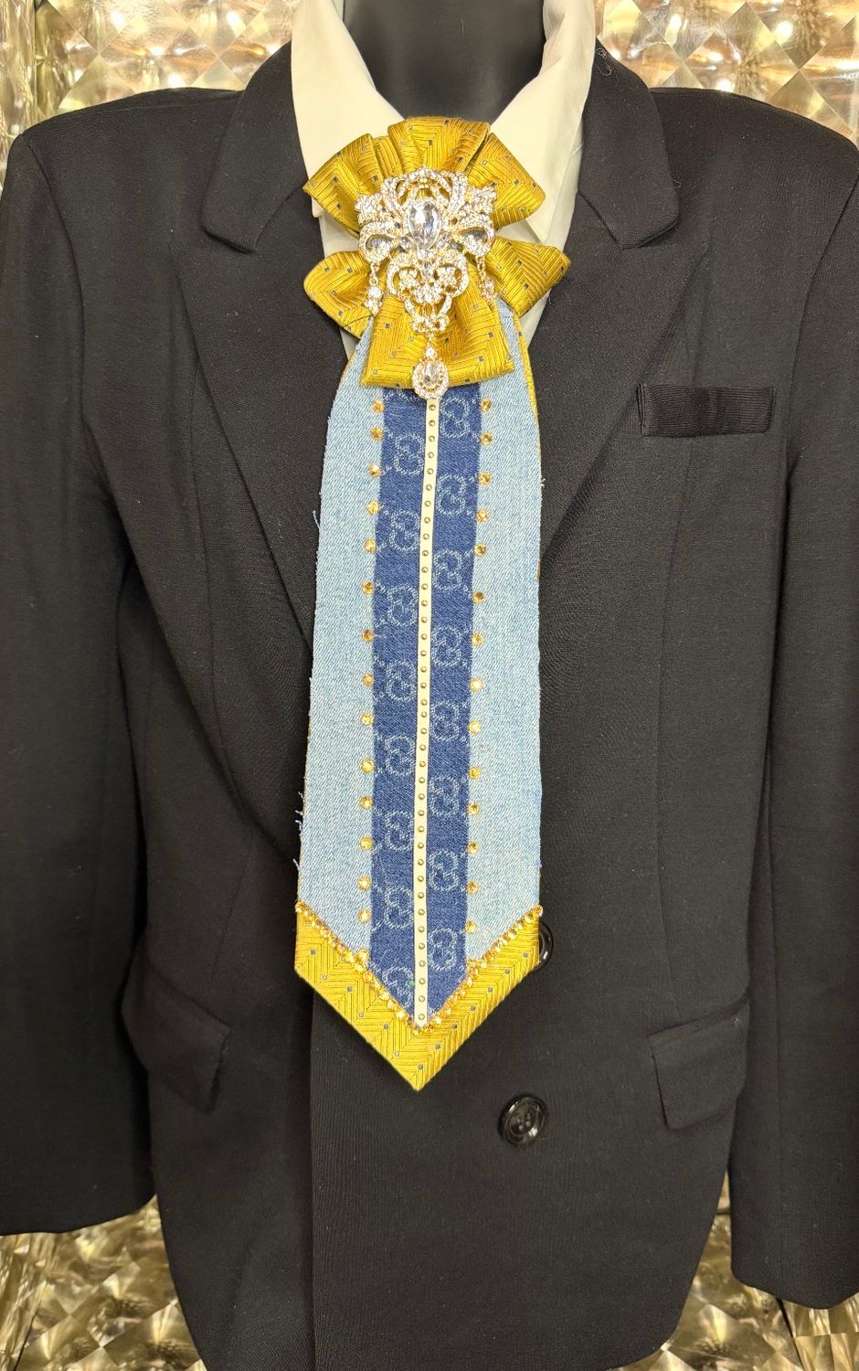 Butterfly tie, gold and light blue Jean tie