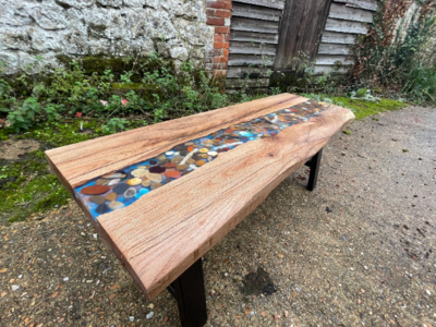 Oak river pebble & shell resin bench for hallways & living areas