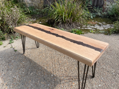 Hallway bench, oak with resin river feature and Hairpin legs