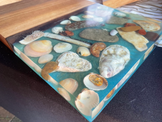 Walnut &amp; sea-life resin chopping board