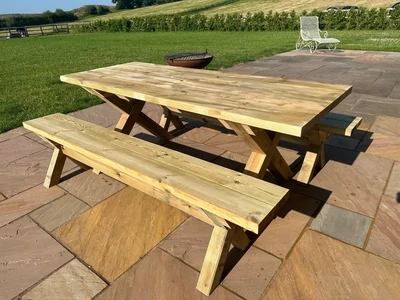 Outdoor garden patio table and 2 benches (with farmhouse tops - treated)