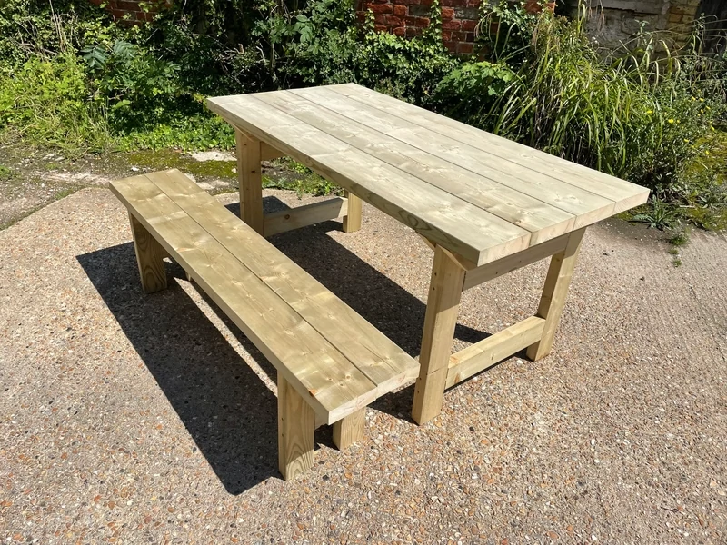 Outdoor Farmhouse style table and 2 benches (treated) with double braced legs