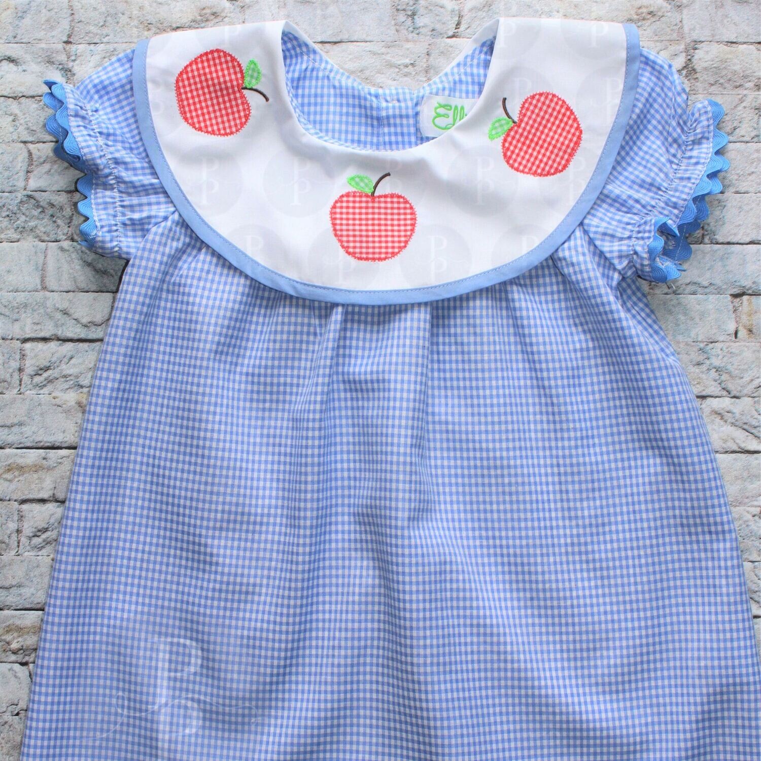 Blue Gingham Dress with Applique Apples