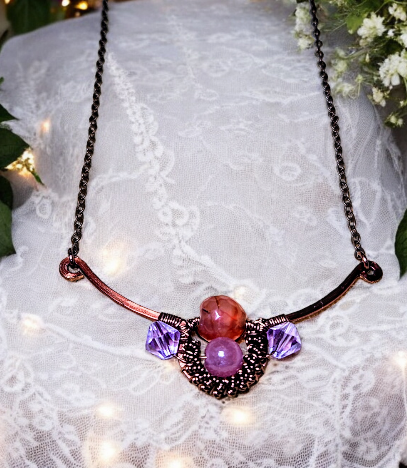 &quot;Autumnal Whispers&quot; - Strawberry Quartz and Dyed Agate in Copper