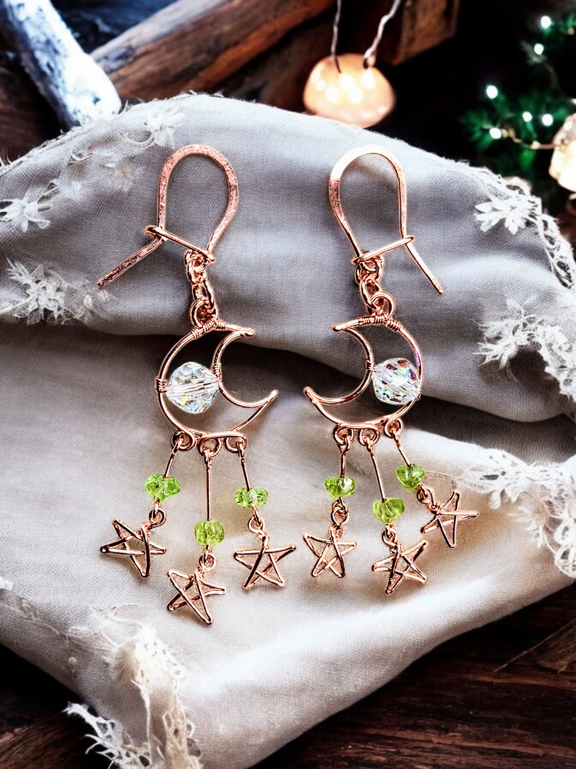 &quot;Moonspell&quot; Earrings -- raw copper, peridot, and glass crystal