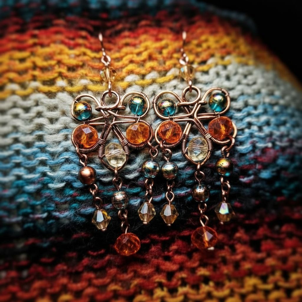 &quot;Autumn Sky&quot; - copper wire wrapped earrings in orange, champagne, and teal