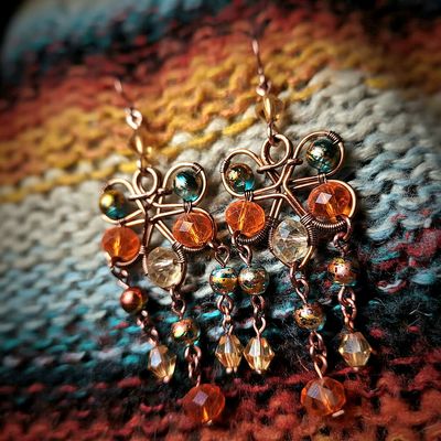 &quot;Autumn Sky&quot; - copper wire wrapped earrings in orange, champagne, and teal