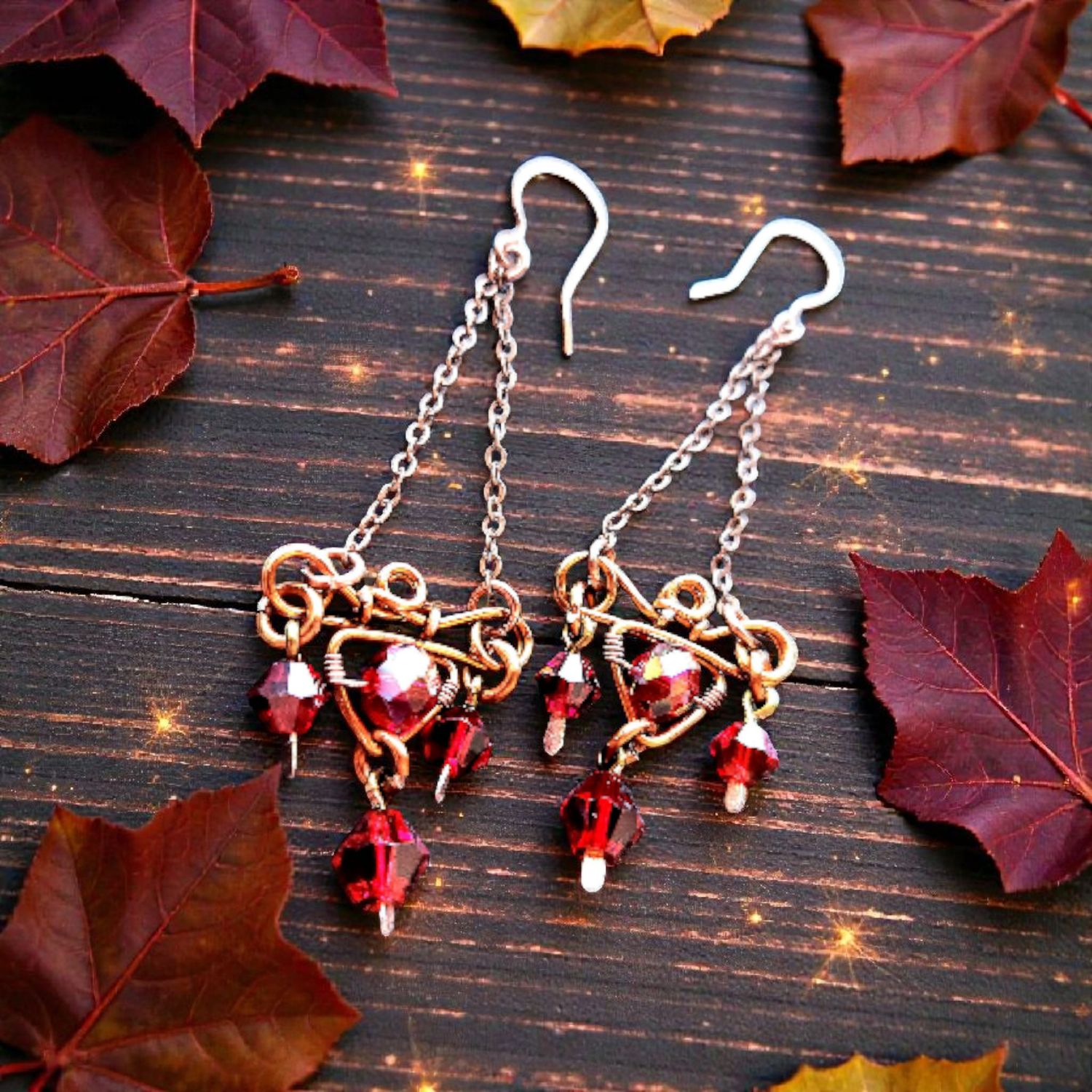 Autumn's Ember - copper and deep red wire wrapped earrings