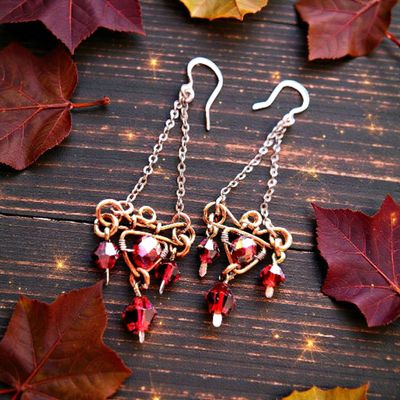 Autumn&#39;s Ember - copper and deep red wire wrapped earrings