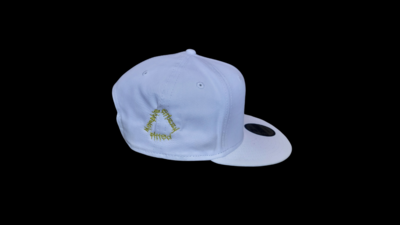 White MGF Snapback Hat with Gold Inscription – Custom Slogan Cap