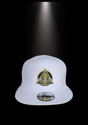 White MGF Snapback Hat {Gold inscription}
