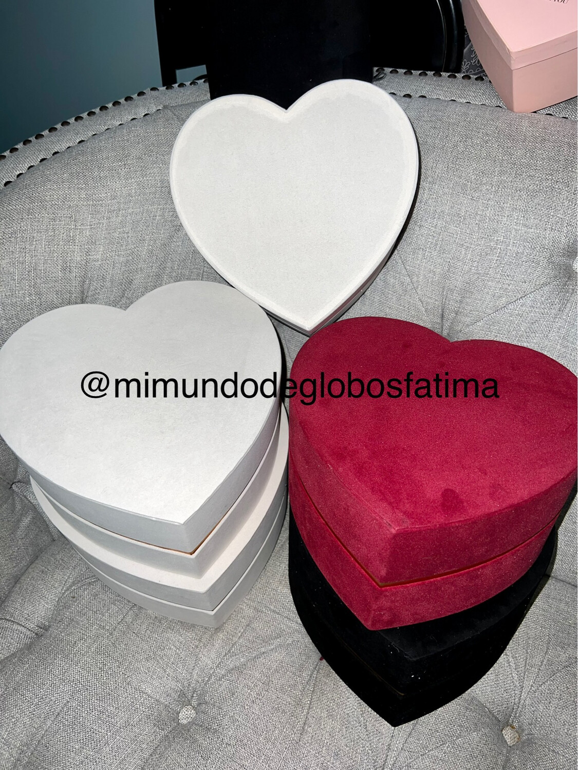 3 Set White Beige Velvet Heart Box, 3 Different Size