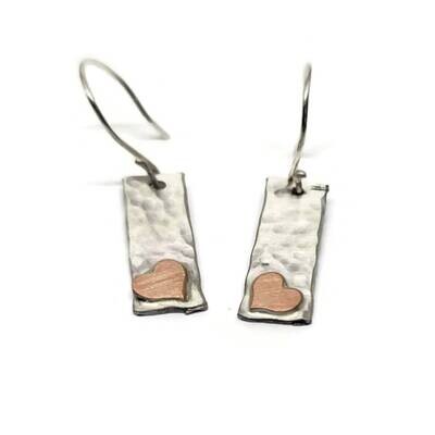 Sterling Silver Hammered Dangle Earrings with Copper Hearts