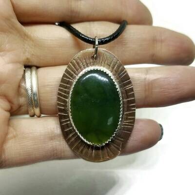 Green Jade Sterling Silver and Copper Pendant
