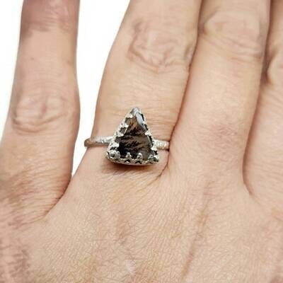 Triangle Dendritic Agate Solitaire Ring with Textured Band