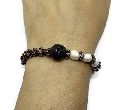 Freshwater Pearl and Lava Stone Stretch Bracelet