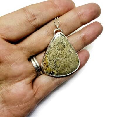 Mixed Metal Fossil Coral Pendant, Sterling Silver Necklace