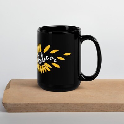 Believe Sunflower Black Glossy Mug