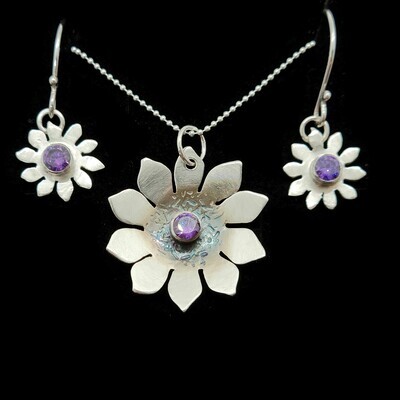 Birthstone Sterling Silver Sunflower Pendant and Earrings