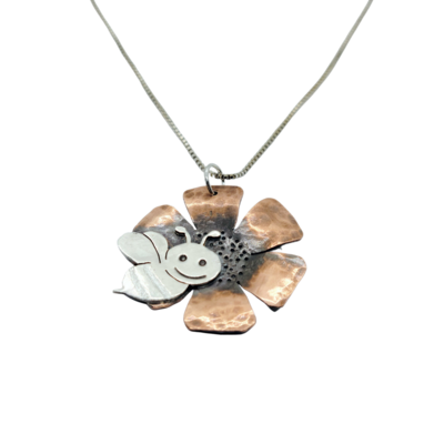 Bee on Flower Sterling Silver and Copper Pendant