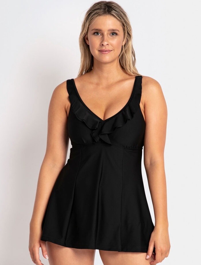 Jantzen Cosmo Mesh Ruffle Swim Dress 1Pc - Black