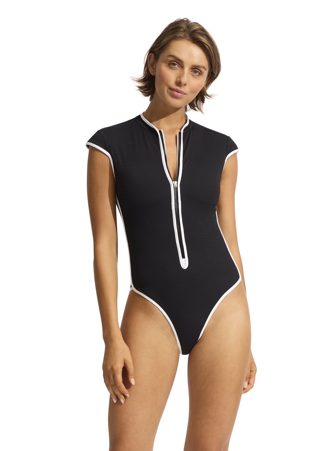 Seafolly Beach Bound Cap Sleeve Zip Front One Piece