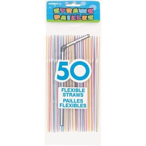 Plastic Flexible Straws- Assorted Colours- 50pk/8&quot;