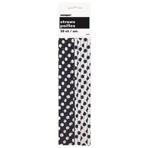 Paper Straws- Black &amp; White Dots- 10pk/8&quot;