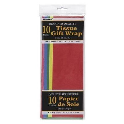 Tissue Gift Wrap- Assorted Colors- 10 Sheets (20&quot;x26&quot; Each)