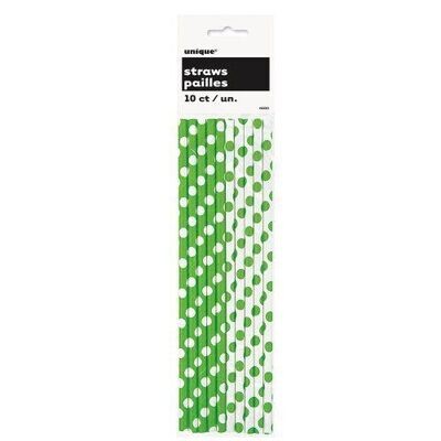Paper Straws- Green &amp; White Dots- 10pk/8&quot;