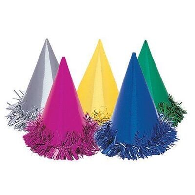 Hats-Cone-Fringed-Multi color-Foil-6pk