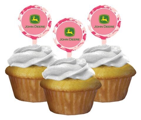 Cupcake Toppers-Pink John Deere-12pkg