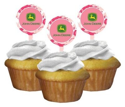 Cupcake Toppers-Pink John Deere-12pkg