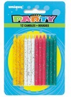 Candles-Glitter-White/Green/Yellow/Red-12pk