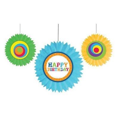Tissue Fans- Birthday Celebration- 3pk/12&quot; &amp; 8&quot;