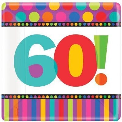 Dinner Plates- 60th Bday Dots and Stripes-8pk-Paper - Discontinued