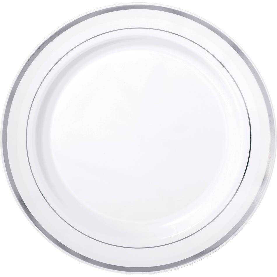 White Premium Plastic Round Plates with Silver Trim, 7 1/2&quot;