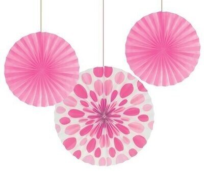 Hanging Decorations-Paper Fans-Candy Pink Solid &amp; Dots-3pkg-12&quot;-16&quot;