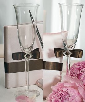 Flute Wedding Glasses-Chocolate Brown Ribbon-2pkg-9&quot;