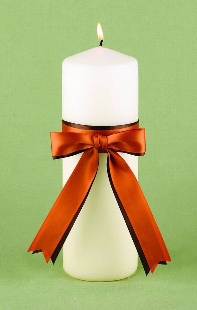 Wedding Candle-Ivory-orange/brown Ribbon-9&#39;&#39;