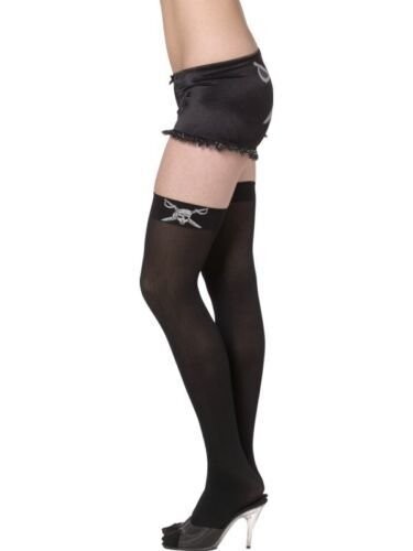 Costume Accessory-Black Hold up Stockings with Pirate Motif-One Size