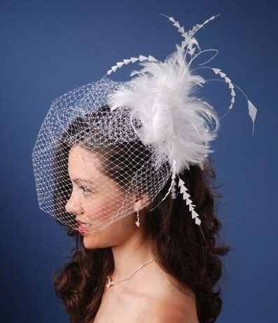 Wedding Veil-White Feathered Birdcage-1pkg
