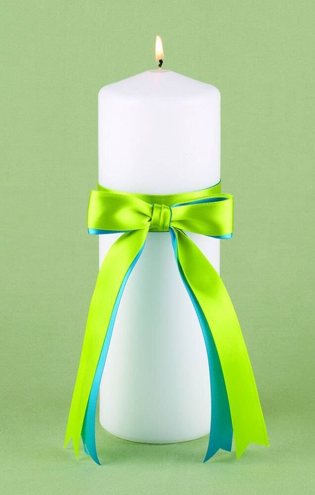 Wedding Candle-Lime/Blue Ribbon-9&#39;&#39;