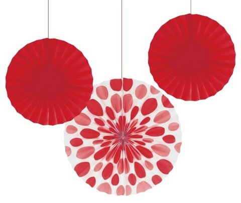 Hanging Decorations-Paper Fans-Red Solid &amp; Dots-3pkg-12&quot;-16&quot;