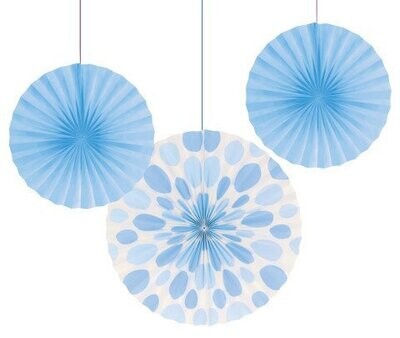 Hanging Decorations-Paper Fans-Light Blue Solid &amp; Dots-3pkg-12&quot;-16&quot;