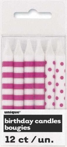 Candles-Dots &amp; Stripes-Pink- 12pk