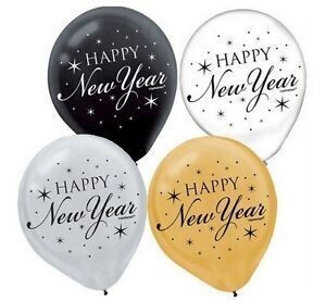Balloon - Latex - New Year - gold/blk/clear - 15pkg